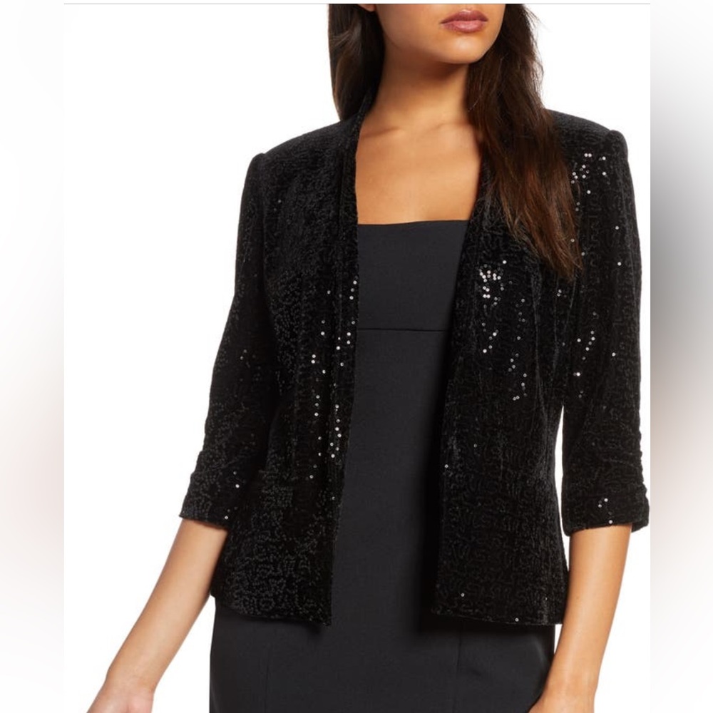 NWOT New! Sequin Ruched-Sleeve Blazer black large L 10 12 gala prom wedding